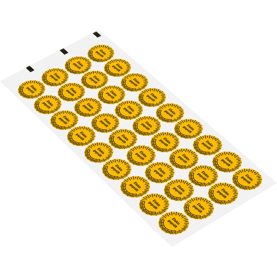 Prüfplakette Elektrisch geprüft - Prüfzeitraum 22-27 - Gelb - Selbstklebend - Ø 20mm 36/Bogen