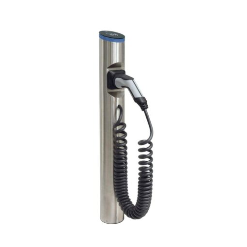 hesotec eSat r20 Ladesäule mit Typ 2 Spiralkabel - 11kW Ladesäule - Edelstahl gebürstet